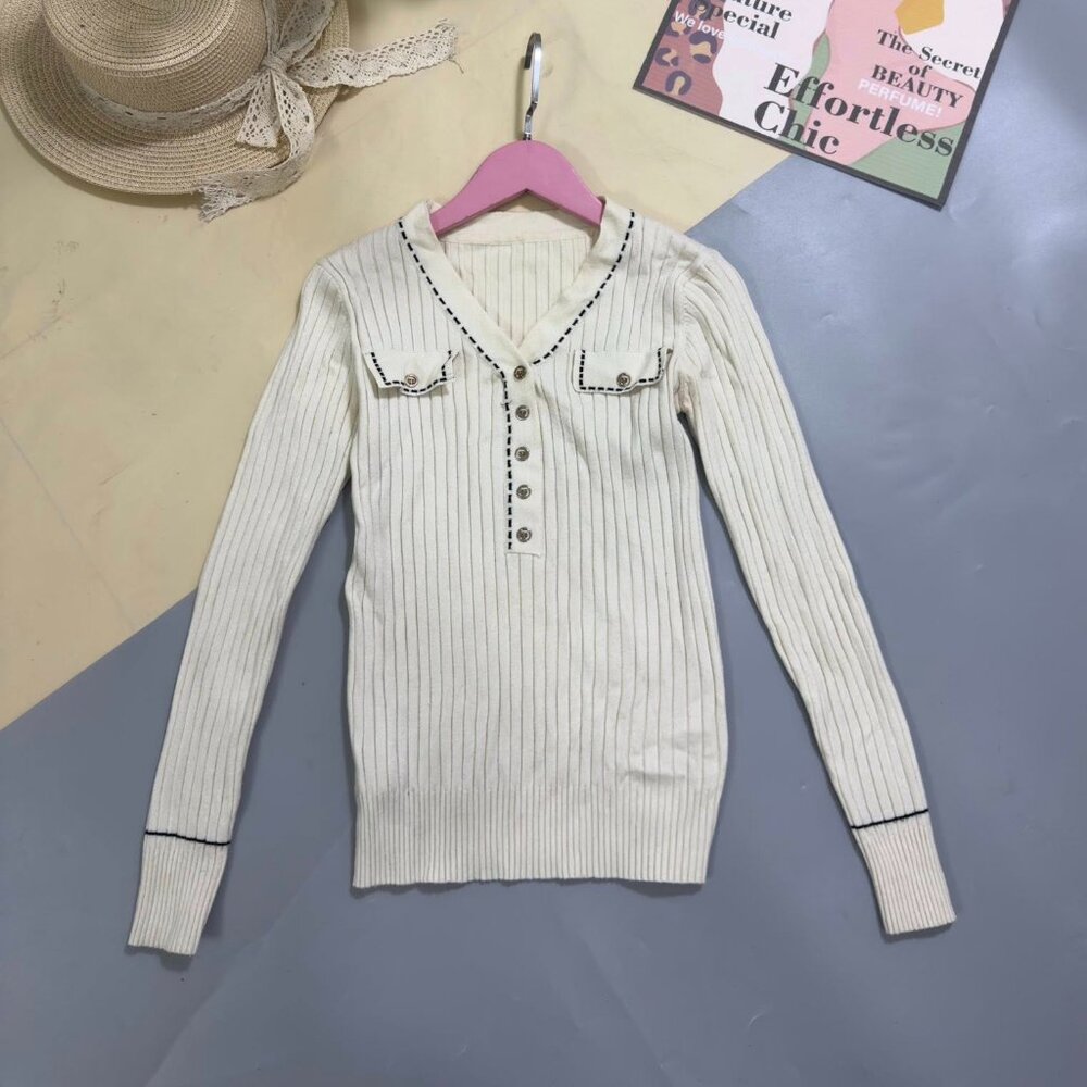 Cream Ribbed Knit V-Neck Button Front Contrast Stitch Fitted Top